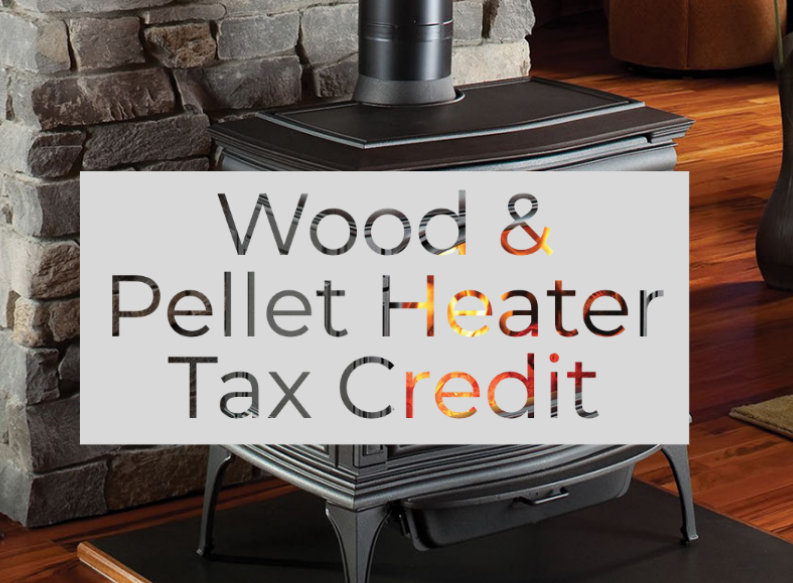 Wood and Pellet Heater Tax Credit with a background image of a wood stove